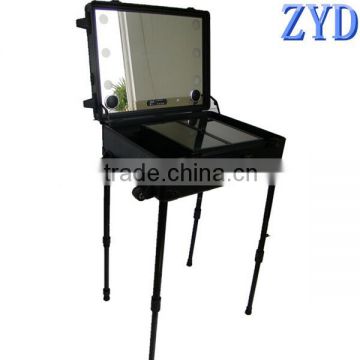 Trolley cosmetic station case with lamps aluminum makeup case with legs