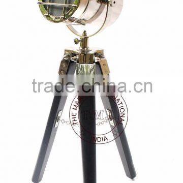 NAUTICAL SPOTLIGHT LAMP ON STAND - NICKEL PLATED SEARCHLIGHT ON WOODEN BLACK TRIPOD STAND photo-2