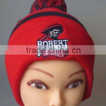jacquard knitted embroidery knitted winter hat with tassel pom pom knitted hat