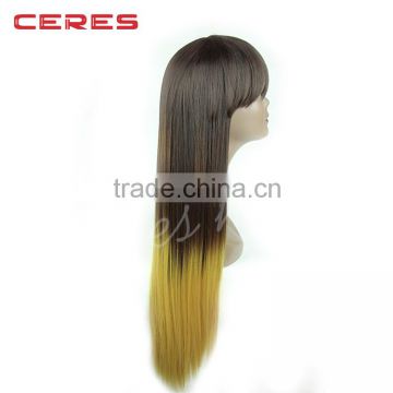 27" silky straight brown to yellow ombre wig high temperature fiber lace front wig