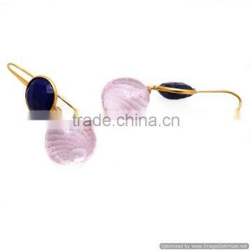 Onion facetd Pink Quartz Silver Gold plated earring, Indian silver jewelry