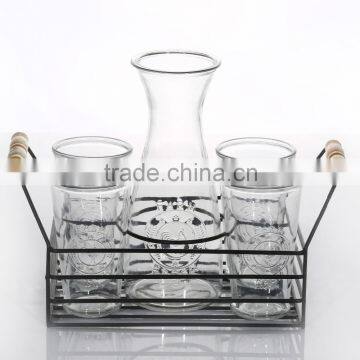 Unique Design Cock Embossed Transparent Glass Milk Bottle With Iron Stand With Cup