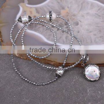 Fashion Natural Pearl Gem Stone Necklace, With 3mm Silver Hematite Beads Necklace, Pendant Charms Natural Stone Necklace photo-4