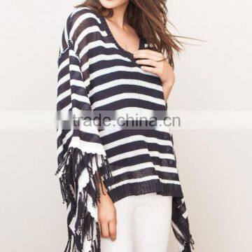 15SHT3116 Linen Stripe V Neck Poncho