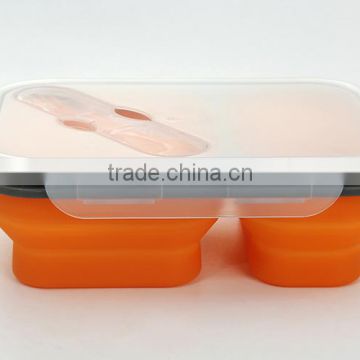 bento lunch box/Rectangle collapsiable silicone lunch box/contianer 2 section with fork and spoon/ foldable lunch box