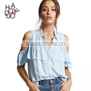 HAODUOYI Fashion Short Sleeve Women Blouse Loose Falbala Single Breasted Colder Shoulder Lapel Ladies Shirts for Wholesale