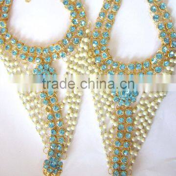 GOLD Tone TURQUOISE BLUE STONE Pearl PAYAL Anklets Toe Ring Barefoot Sandal photo-2