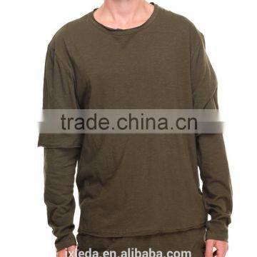 Pieced Layered Construction Raw Mens Athleisure Crew Neck Collar Longline Tees photo-5