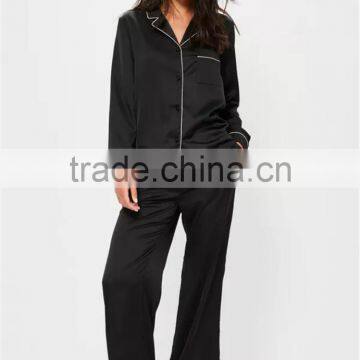 MGOO Custom Embroidery Logo Black Long Sleeves Long Pants Pyjamas Sets Piped Satin Silk Nightwear Sets photo-4