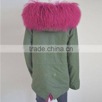 Myfur Genuine Dyed Mongolian Lamb Fur Hooded Parka With Sheep Fur Lining Green Cotton Parka photo-4