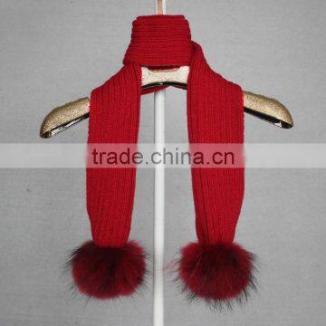 Myfur Children Knitted Ribbed Scarf With 2 Big Size Matched Color Raccoon Fur Pom Pom photo-2