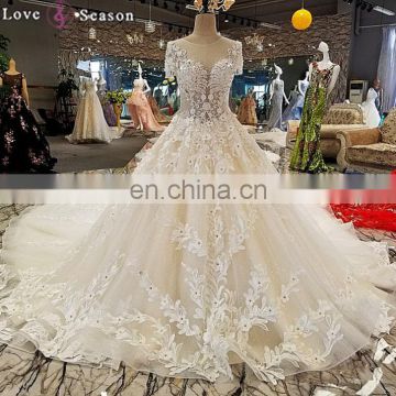 LS00298 wedding gown classic custom short sleeves flower pattern long train sexy zipper wedding dresses