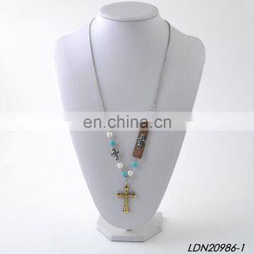 Anti-Siver and Anti-Gold Vintage Cross Necklaces Turquoise Beads Necklace photo-4