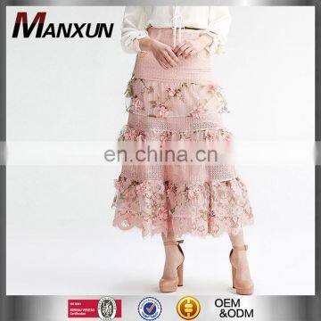 2016 Summer New Design Pink Beautiful Lace Organza Applique Flower Pricess Long Skirts