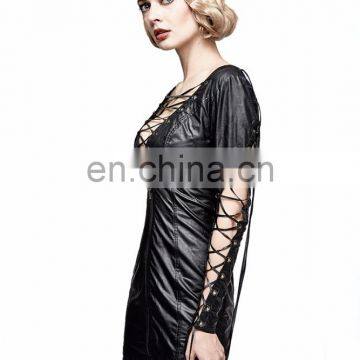 Punk Rave Gothic Fetish Black Slim Synthetic Leather Dress With Deep V-cuts Q-312 photo-5