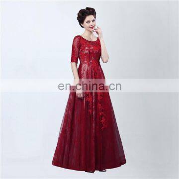 Real Sample Fashion A Line Lace-up Scoop Floor-length Lace Appliqued Formal 1/2 Long Sleeve Backless Party Evening Dresses photo-3