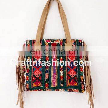 Exclusive Fashionable Women's Leather Fringe Tote Bag- Vintage Banjara Gypsy Tribal Leather Fringe Bag- Ethnic Boho Leather Bag photo-3