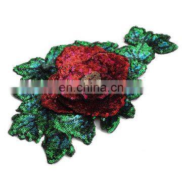 Fashion Red Rose Green Flower Sequined Patch Sew on Clothes