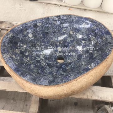 River Stone Bath SInk Fantasy Blue Marble Mosaic Wash Basin