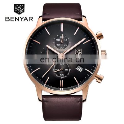 BENYAR 2720K Men Business Luxury Brand Quartz Watches 3 Eyes Date Display Chronograph Leather Wristwatch