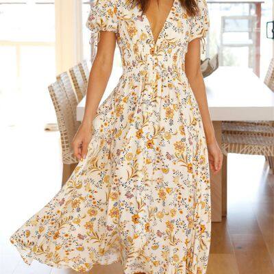 Womens Casual summer Floral Print Shirred Waist Wrap Flowy Long Dress