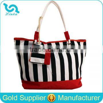 Custom Black Stripe Pattern Beach Bag Stripe String Canvas Beach Bag With Pouch