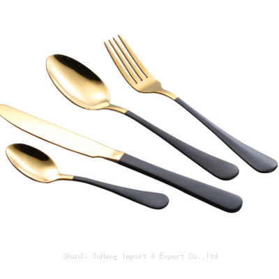 Elegant Stainless Steel Matte Gold Plated Dinner Fork Spoons Knife Flatware Set With Black Colored Handle