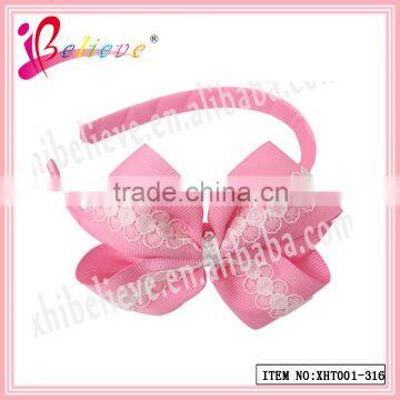 Hot selling fancy lace ribbon hair bow hairband flexible hairband for girls(XHT001--316)