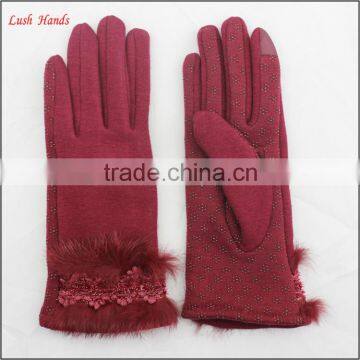 Ladies Cheap Spring Driving Red Micro Velvet Hand Gloves With Rabbit Fur photo-2