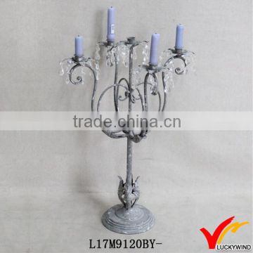 Vintage Gray Metal Candle Holder 5 Arms Crystal Candelabra