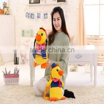 30cm lovely customized yellow stuffed plush student duck doll animal backpack with blue school garment&red bowtie