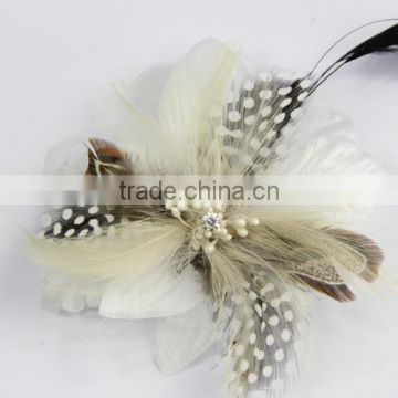 Girls Women Boutique Flower brooch Hair Bow Clips Brooch Feather Beige