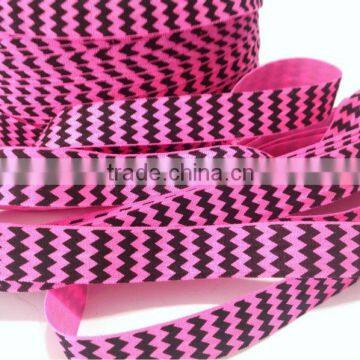 5/8 inch wholesale neon pink & black chevron print fold over elastic trim