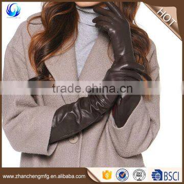 Custom made ladies silk lined long brown sheepskin leather gloves