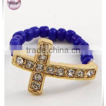 Gold Tone Royal Blue Seed Beads Cross Stretch Ring
