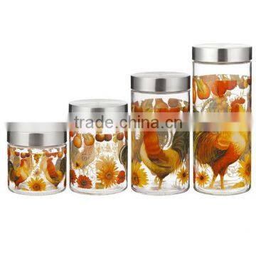 SINOGLASS 4 pcs STAINLESS STEEL cover WITH MATTINA TOSCANA DECAL airtight glass Storage canister jar set