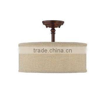 Burnished Bronze Loft 3 Light Semi-Flush Ceiling Fixture With Cream Fabric Round Shade