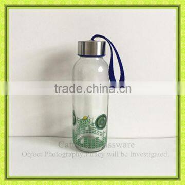 Green decal printed glass beverage bottle with airtight lid,empty drift bottle for sprite