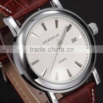 Steel Case White Dial Date Quartz Analog Genuine Leather Band Men Wrist Watch photo-2