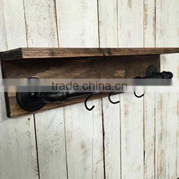 Industrial water pipe wood bathroom wall shelf with hooks