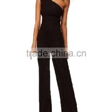 2015 Summer Style Women Chiffon Black Elegant Long Jumpsuit One Shoulder Full Length Casual Pants