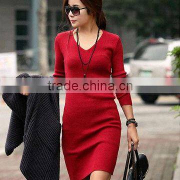 OEM Ladies Fashion Long Sleeve V-neck Tight Knitting Woman Pullover Sweater Dress
