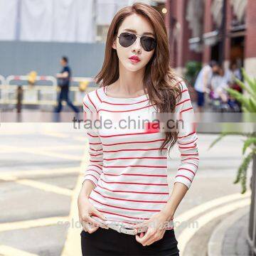 Hot Sale Autumn Casual Women Wild Striped Knitted Laday Polyester Bottoming Thin Slim Long Sleeve t Shirt photo-3