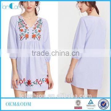 2017 Summer Women Clothing Factory Embroidered Blue Striped V Neck Button Front Lantern Sleeve Boho Dress