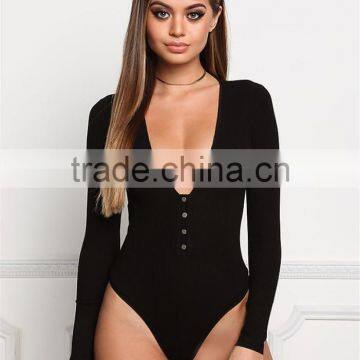MGOO Foshan Manufacturer Custom Plunge Ribbed Bodysuits Black Cotton Spandex Blouse High Cut Buttons Up Tops photo-2