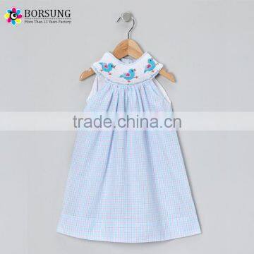 Children Cotton Frocks Designs Blue Plaid Periwinkle Bird Embroidered Baby Girls Birthday Party Dresses