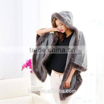 New Winter Warm Elegant Faux Mink Collar Fur Hooded Cape Plaid Sleeveless Women Coat