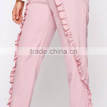 Frilled Women's Tailored Fitted Pants High Waist Pink Cropped Trousers photo-6