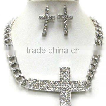 Crystal pave large side cross pendant and thick chain necklace earring set