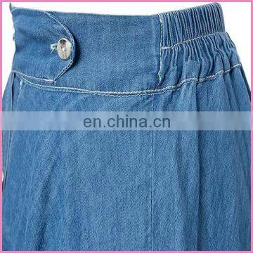 Soft Thin Denim Fabric Long Pleated Skirt Elastic Waist Band and Middle Buttons Lady Jeans Skirt photo-3